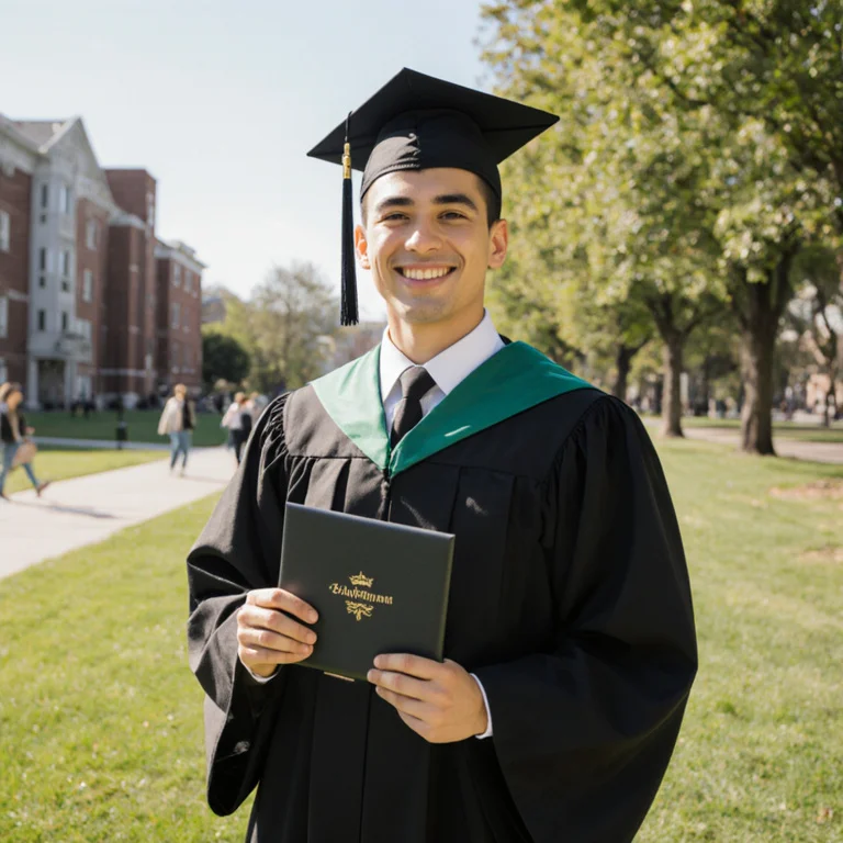 Graduating student in cap and gown holding a diploma on a sunny campus lawn surrounded by other graduates