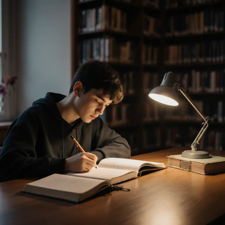College student studying at a library table late in the evening with textbooks and a notebook open under warm lamp light